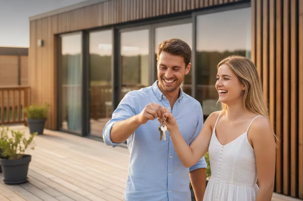 Un couple reçoit les clés devant la maison modulaire