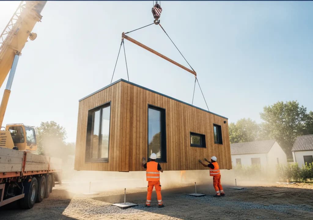 Maison modulaire posée à la grue sur des plots béton par deux ouvriers