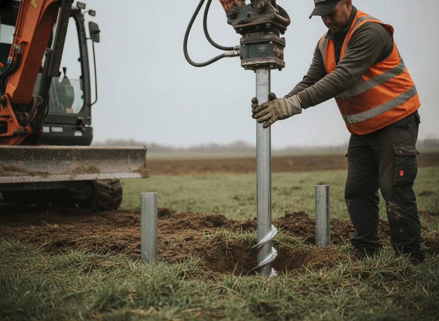 Un micropieu vissé dans le sol par une tête hydraulique, deux autres déjà en place