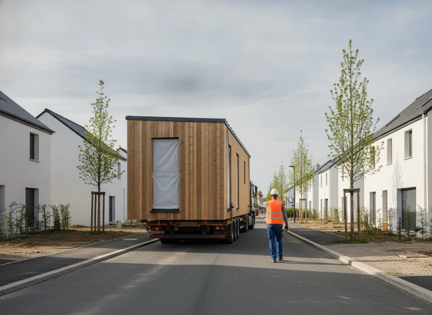 Un camion achemine un module de maison dans une rue de lotissement